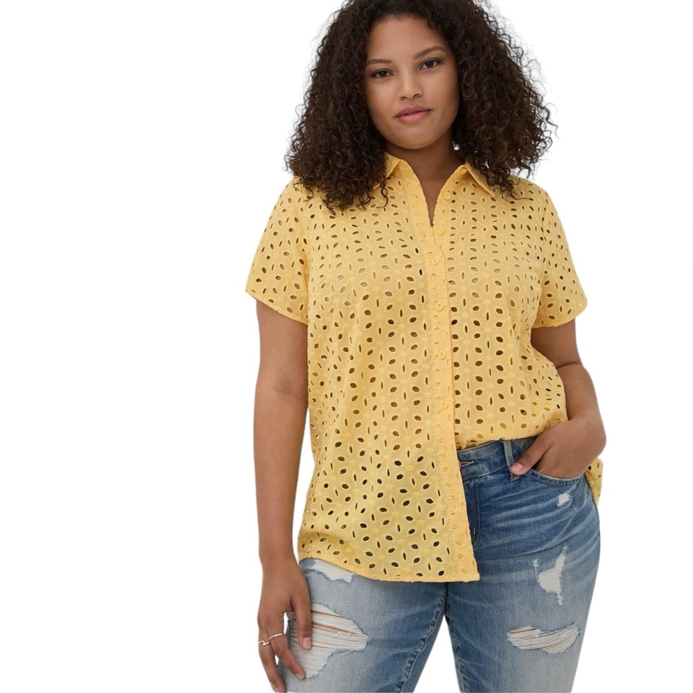 Torrid Cotton Embroidered Eyelet Button Down Top in Yellow NWT